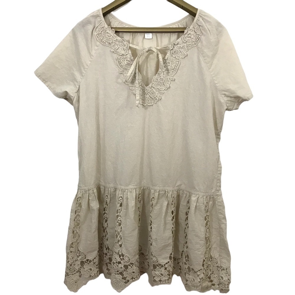 Boston Proper Tunic Oversized Top Crochet Detail Tie Front Short Sleeve